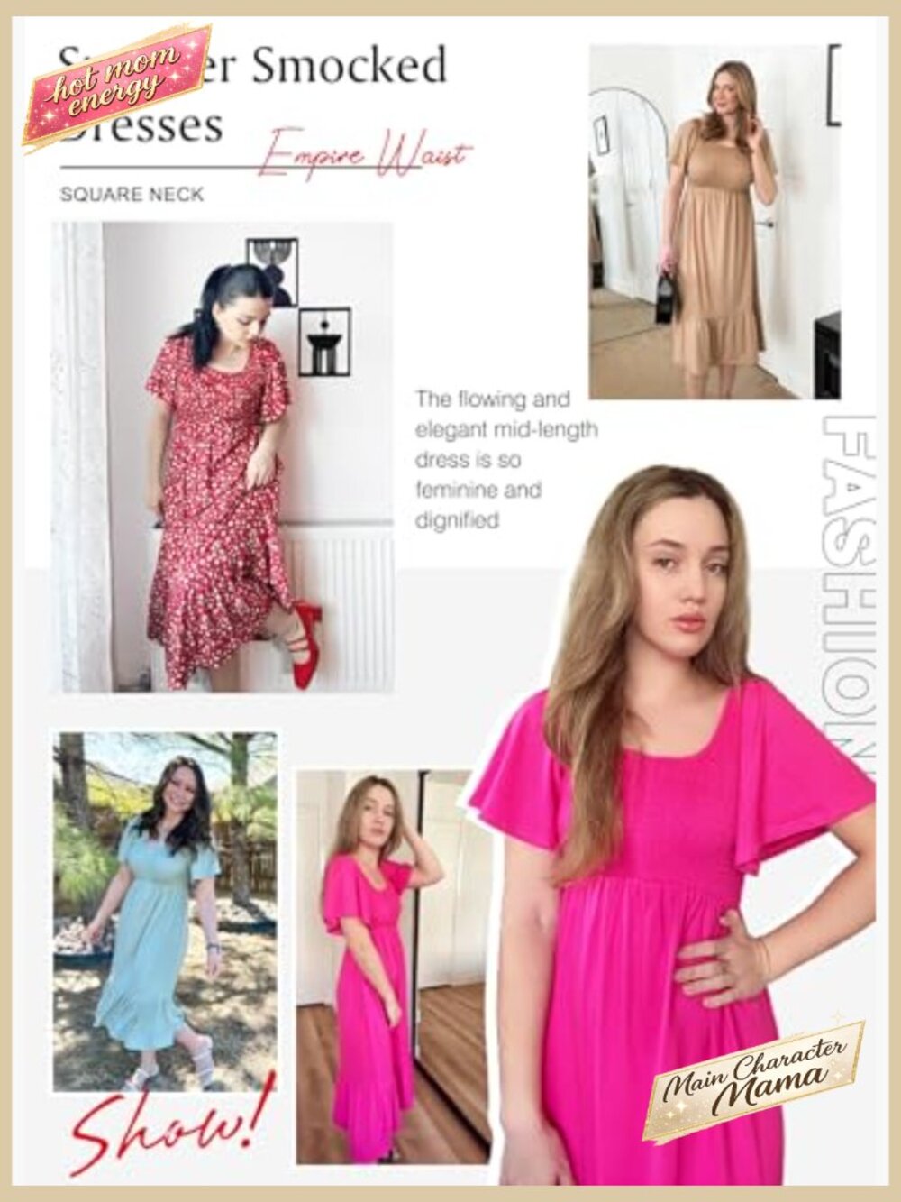 Square Neck Smocked Midi Dress Flutter Sleeve Empire Waist Summer Casual - Picture 6 of 7